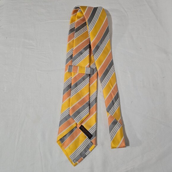 Dolcepunta Made in Italy Silk Necktie - Yellow Orange Gray Stripe - 3 3/4" x 59" - Picture 3 of 5